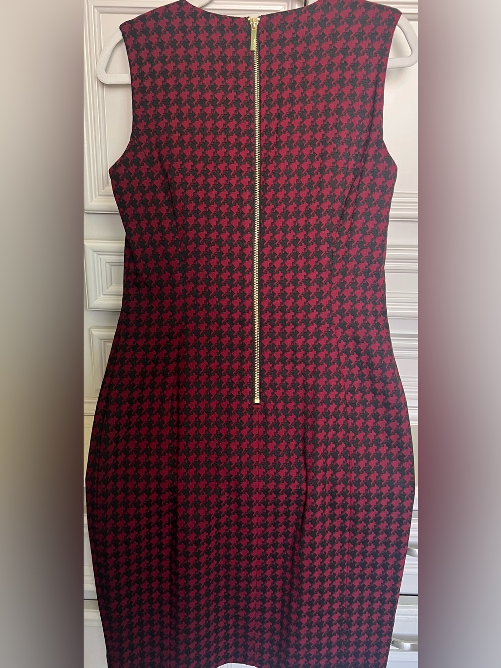 Calvin Klein Sleeveless Red and Black Houndstooth Sheath Dress with Gold Zip